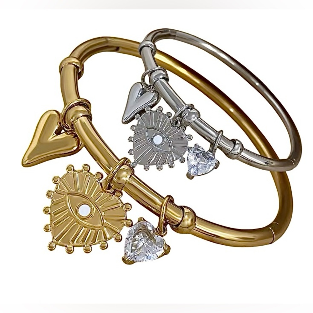 Evil Eye and Heart Charm Bangle Bracelet Stainless Steel